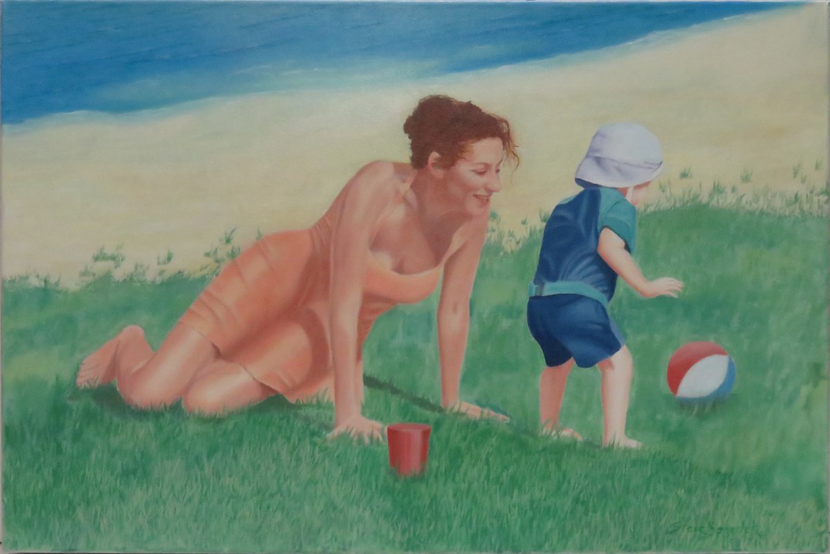 Photorealistic Portrait Oil Painting By Stephen Benedek, 30 X 20", Beach Party, Original Artwork