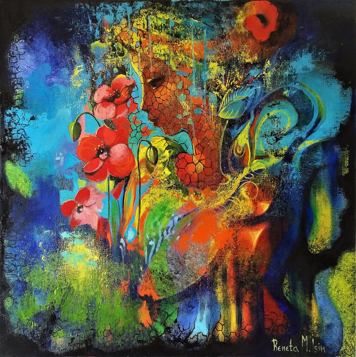 Abstract Portrait Oil Painting By Reneta Isin, 31 X 31", " My Poppies ", Original Artwork
