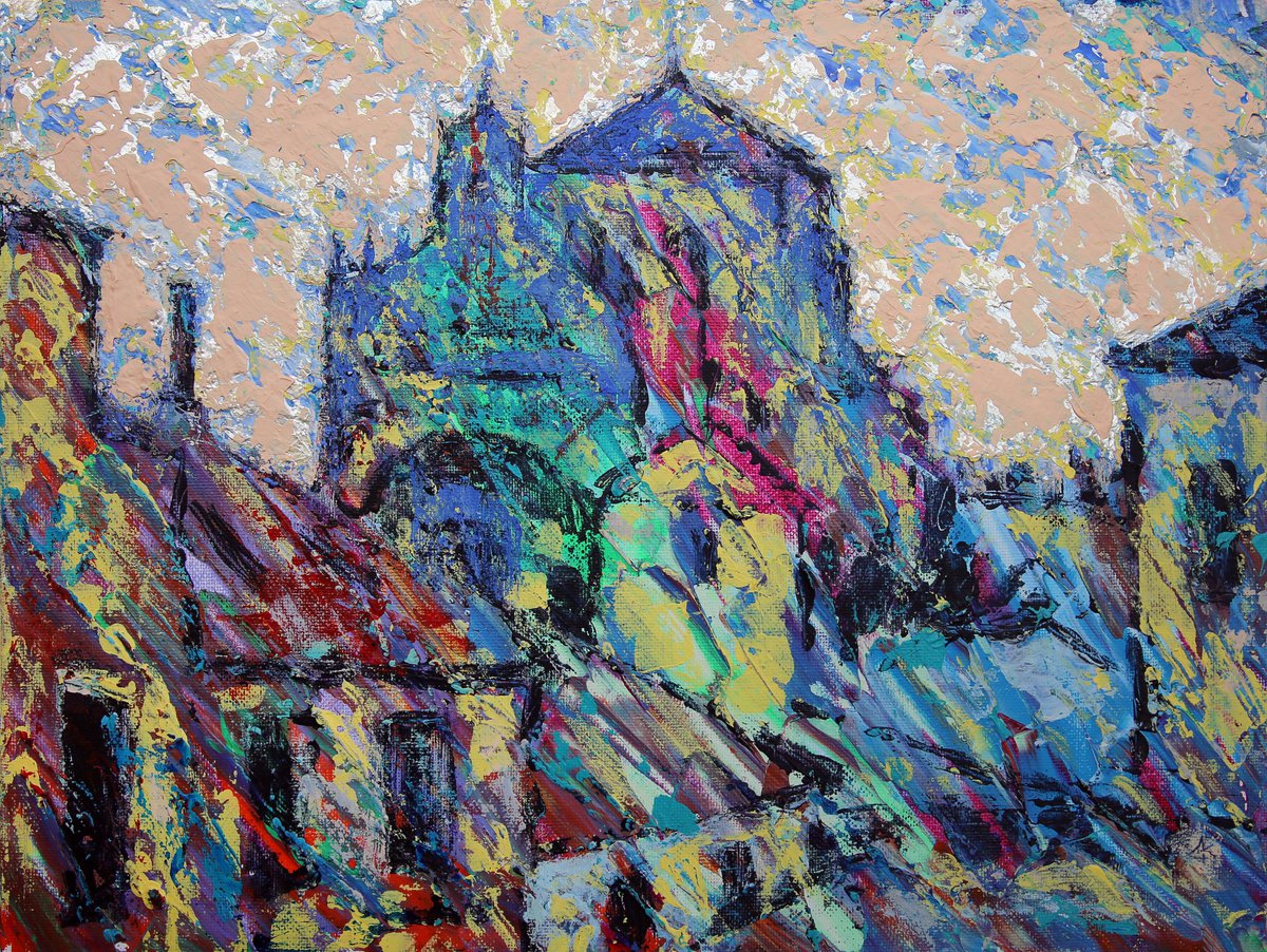 Impressionistic Cityscapes Acrylic Painting By Denys Kuvaiev, 18 X 14, San Esteban Salamanca, Original Artwork