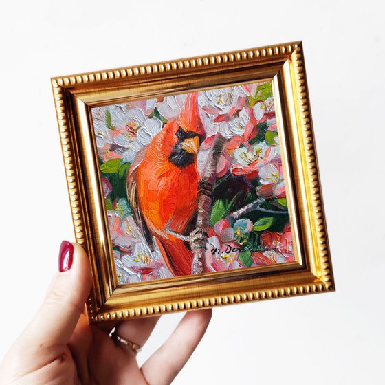 Cardinal red bird oil painting original 4x4 framed artwork small bird