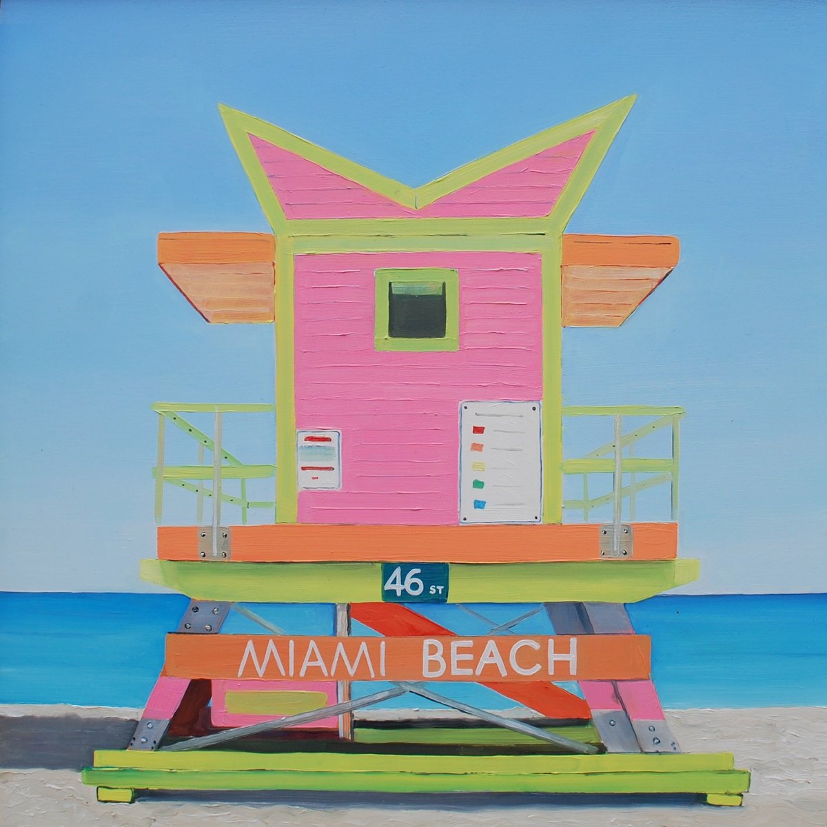 Urban And Pop Landscape Oil Painting By Emma Loizides, 13 X 13, Neon Beach Hut, Original Artwork