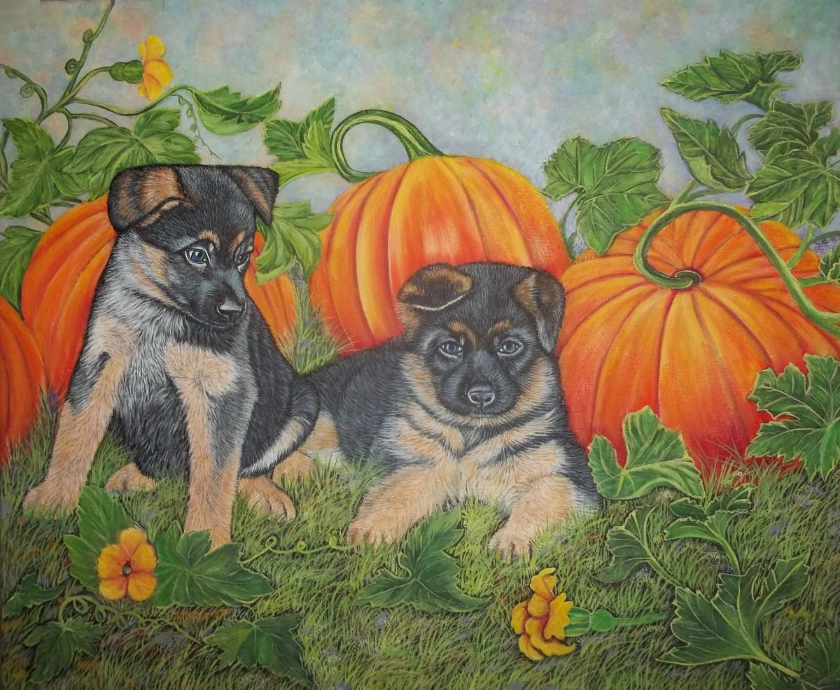 Puppies and Pumpkins by Sofya Mikeworth