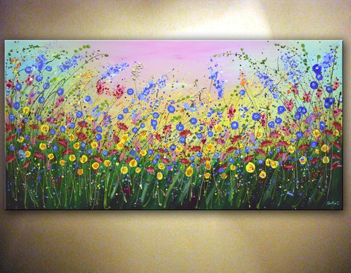 Pink Morning - Original Flowers Painting 24" x 48" by Nataliya Stupak