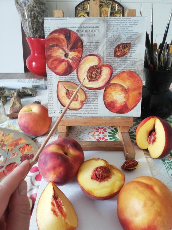 "Peaches on Newspaper" Original Oil on Wooden Board Painting 8 by 8"(20x20cm)