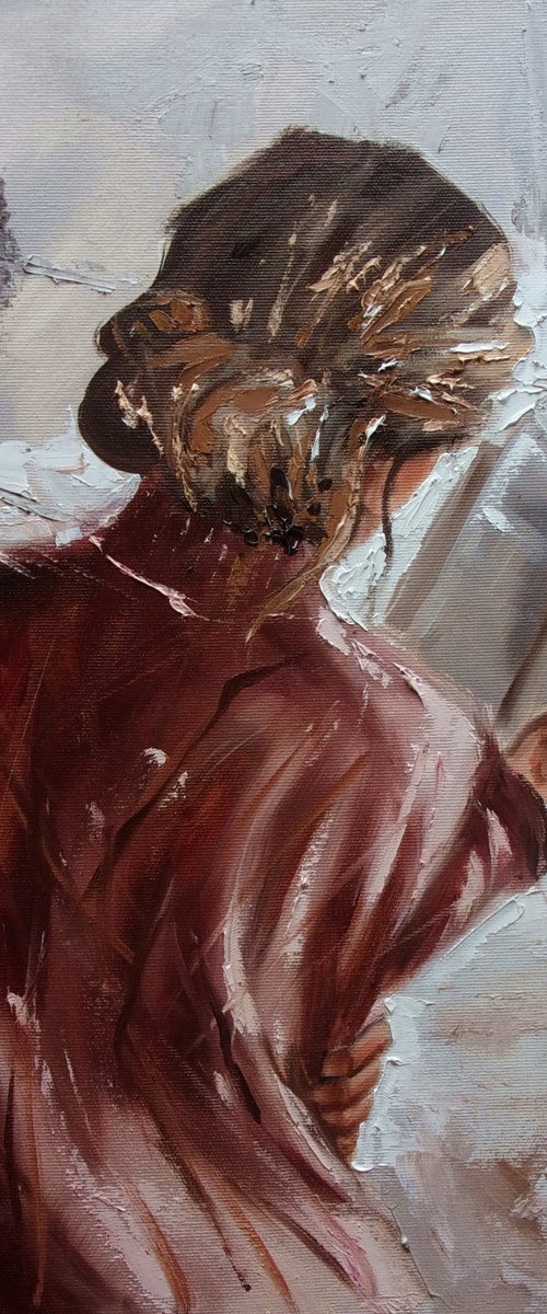 " MOMENTS WITH BOOK " book lover original painting window WINTER palette knife GIFT brown by Monika Luniak