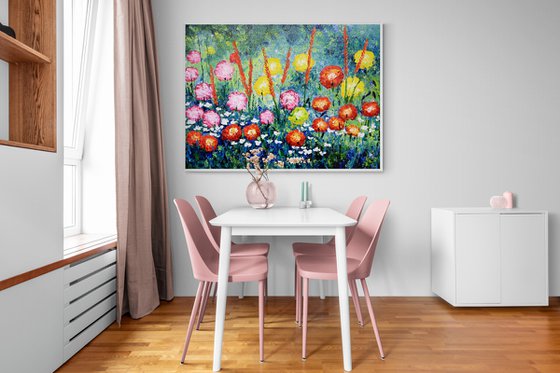 Red pink white white flowers painting original