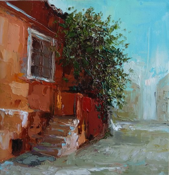 Red house (25x26cm, oil painting, impressionistic, ready to hang)