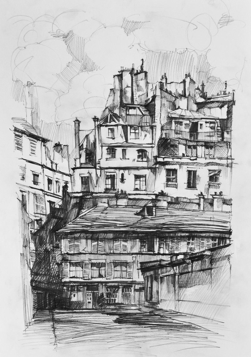 Cityscapes Pencil Drawing By Anastasia Terskih, 12 X 17, Riga Old Town, Original Artwork