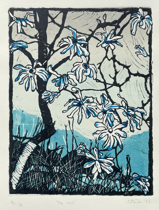 The Melt - Magnolia Blossom Contemporary Linocut Print