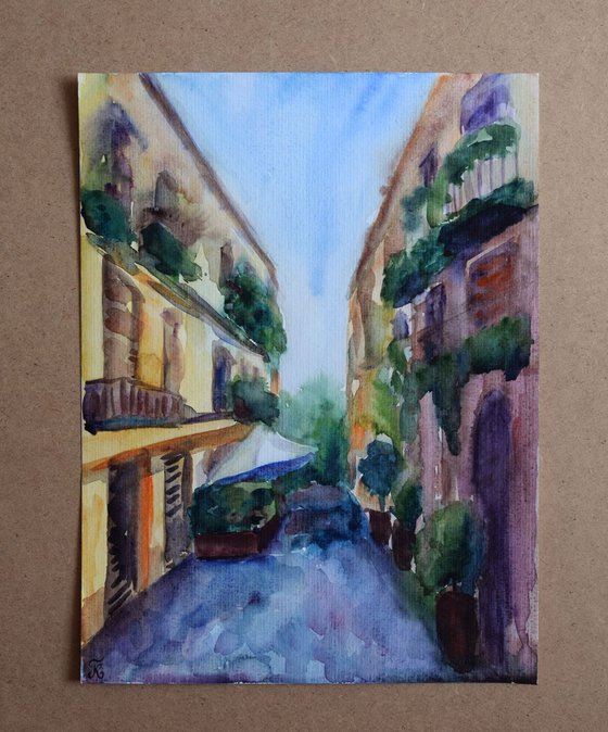 Italy old town original watercolor painting, summer abstract cityscape Europe