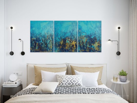 Blue and Gold Abstract Textured Painting. Triptych