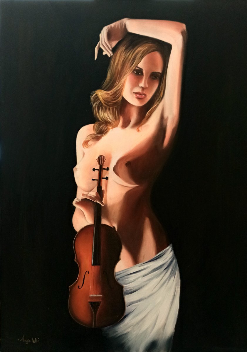 with violin - nude - originale Oil painting by Anna Rita Angiolelli Artfinder