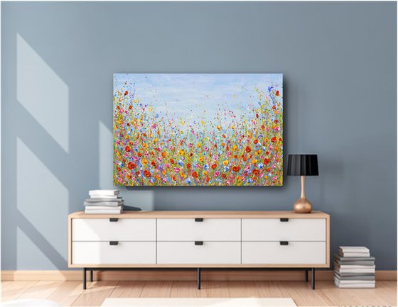 Wildflowers meadow painting, palette knife art