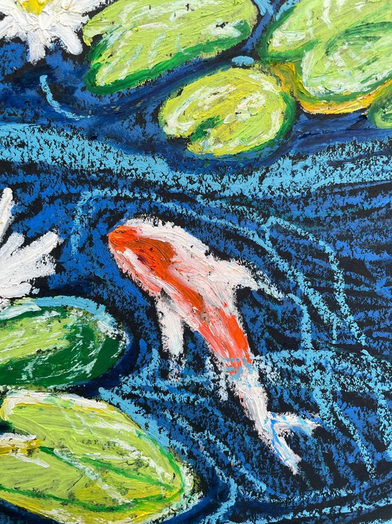 Koi Fish Painting, Original Oil Pastel Drawing, Feng Shui Art, Fish Artwork, Carp Wall Art