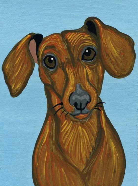 ACEO ATC Original Miniature Painting Red Dachshund Doxie Pet Dog Art-Carla Smale