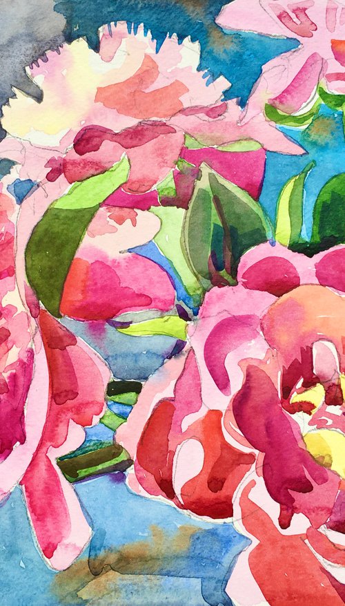 Pink and red watercolor peonies by Ole Karako