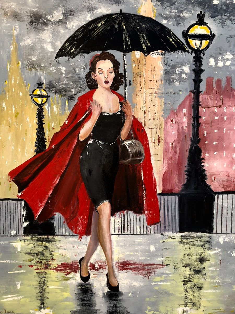 Impressionistic Portrait Oil Painting By Inna Montano, 24 X 30, Rainy Evening In London, Original Artwork