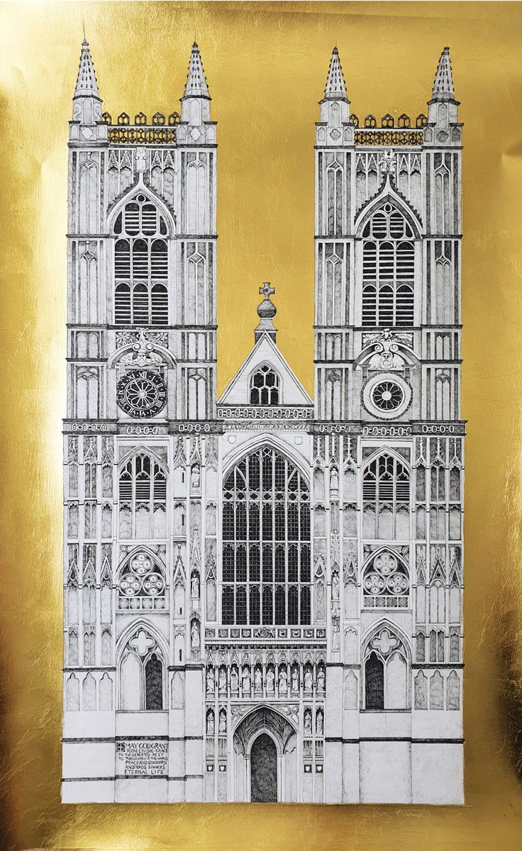 Cityscapes Ink Drawing By Shelley Ashkowski, 24 X 40", Westminster Abbey West Front, Original Artwork