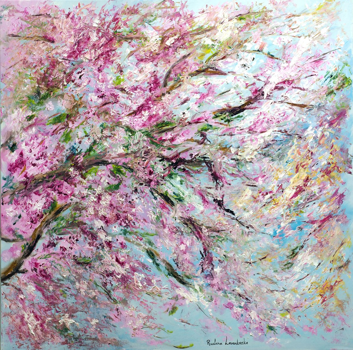 Impressionistic Botanical Oil Painting By Ruslana Levandovska, 30 X 30", Cherry Blossoms - Spring Is Here!, Original Artwork
