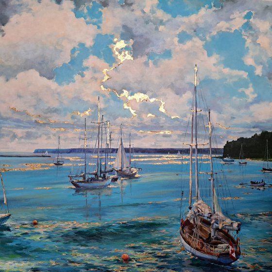 Morning on the bay (mixed-media, acrylic and gold leaf) (36x48x1.5")