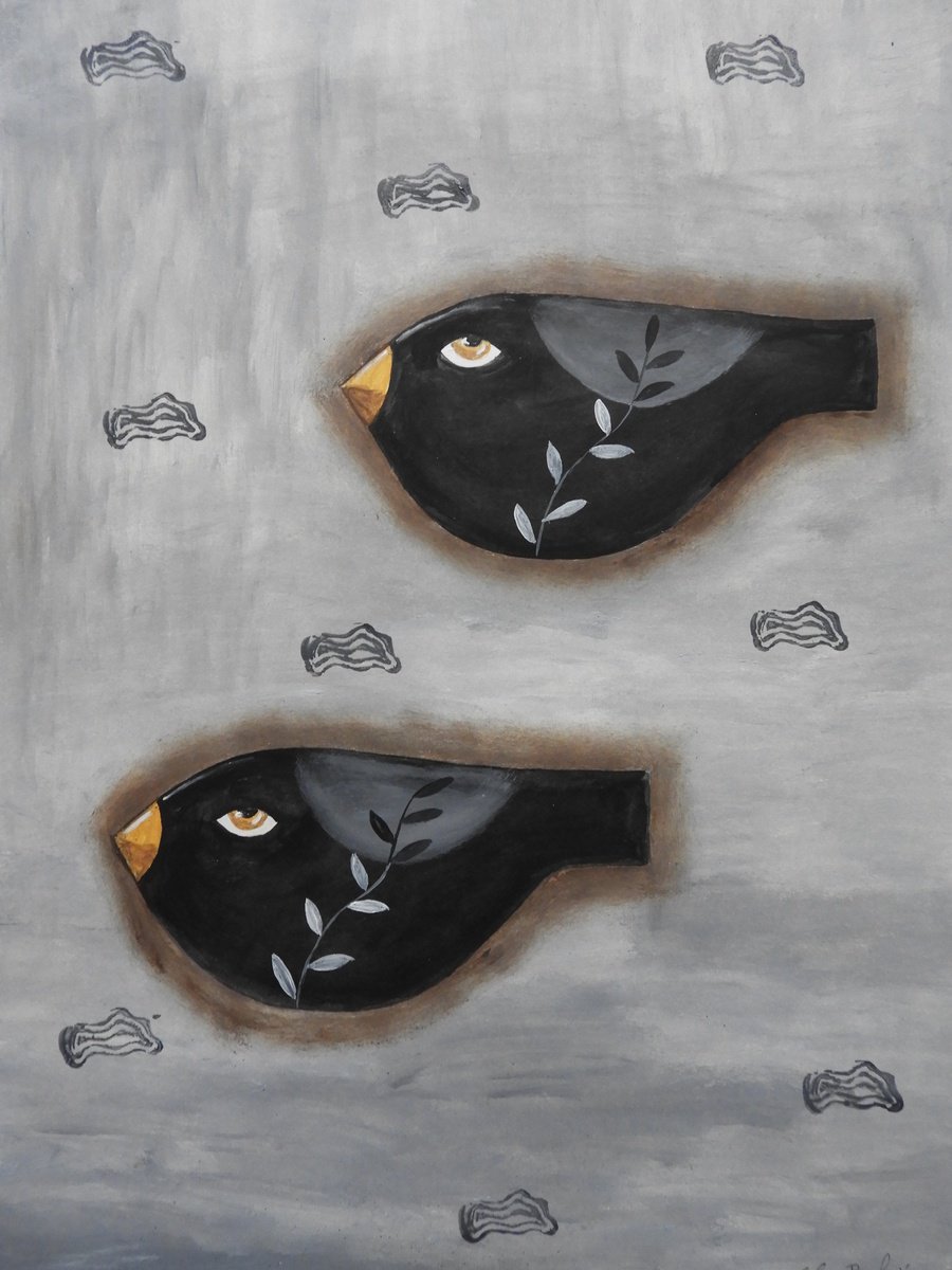 Illustrative Animal Oil Painting By Silvia Beneforti, 12 X 17", A Couple Of Freaky Black Birds, Original Artwork