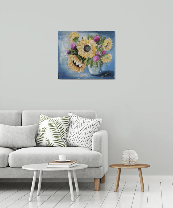Sunflowers in a vase, original summer flowers, gift idea, bedroom painting