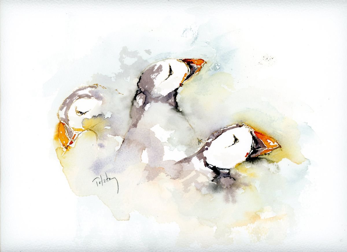 Impressionistic Animal Watercolour By Alex Tolstoy, 14 X 10, Three Puffins, Original Artwork