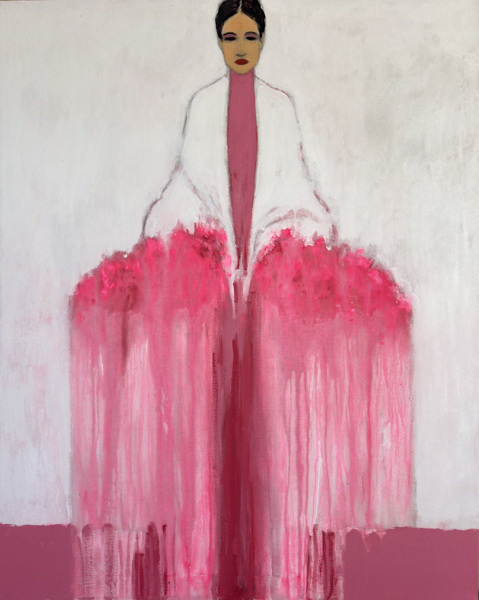 Abstract Portrait Acrylic Painting By Gela Mikava, 31 X 39, The Girl With Bouquet, Original Artwork