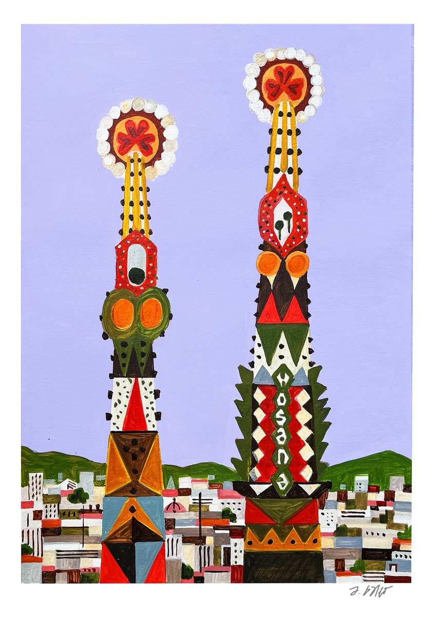 Urban And Pop Cityscapes Acrylic Painting By Andre Baldet, 13 X 18, Barcelona-01, Original Artwork