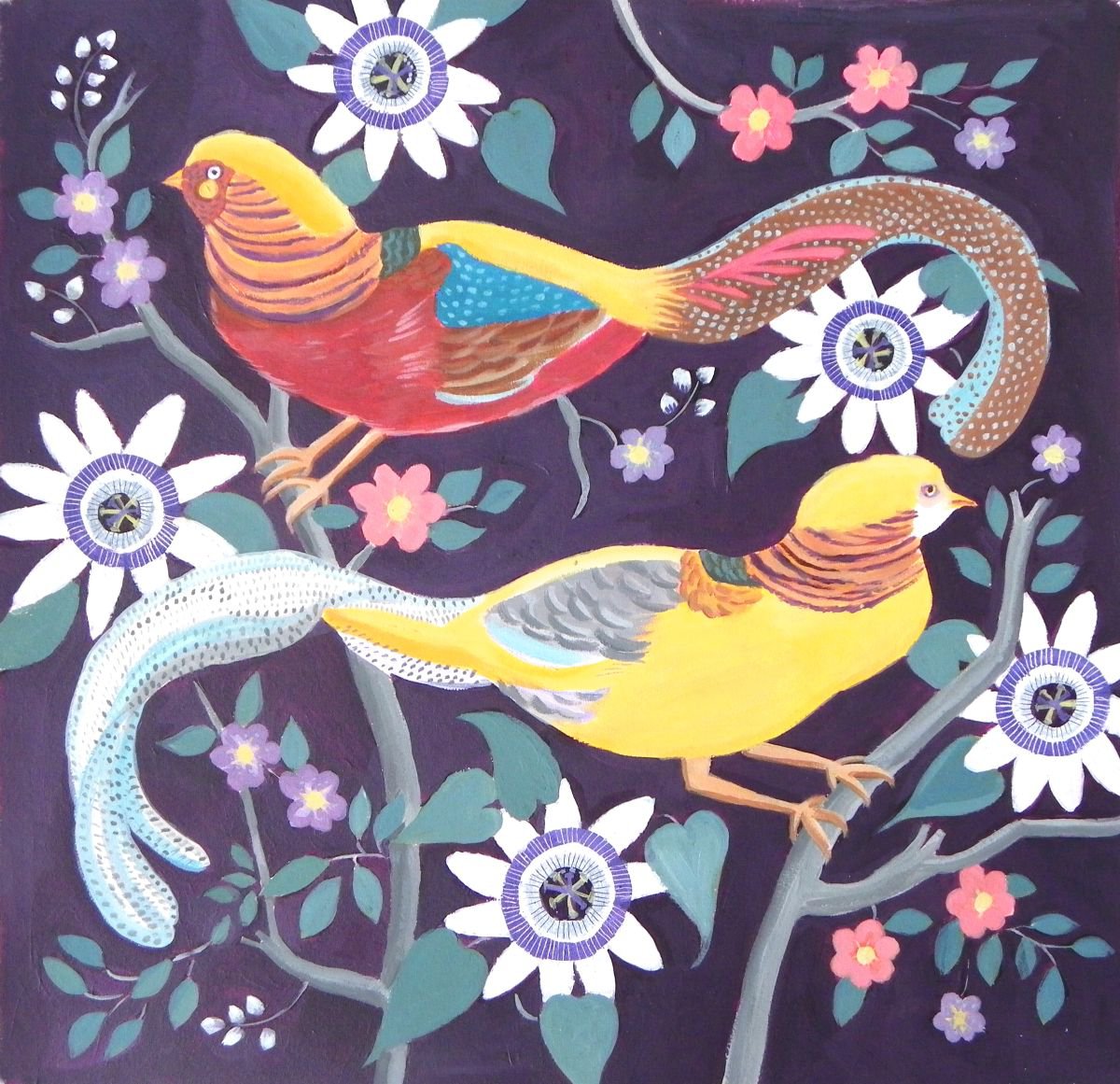 Golden pheasants with flowers by Mary Stubberfield