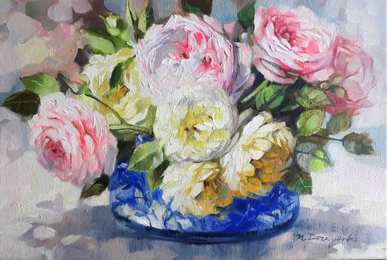 Roses love, floral oil painting on canvas, yellow pink roses in a blue vase