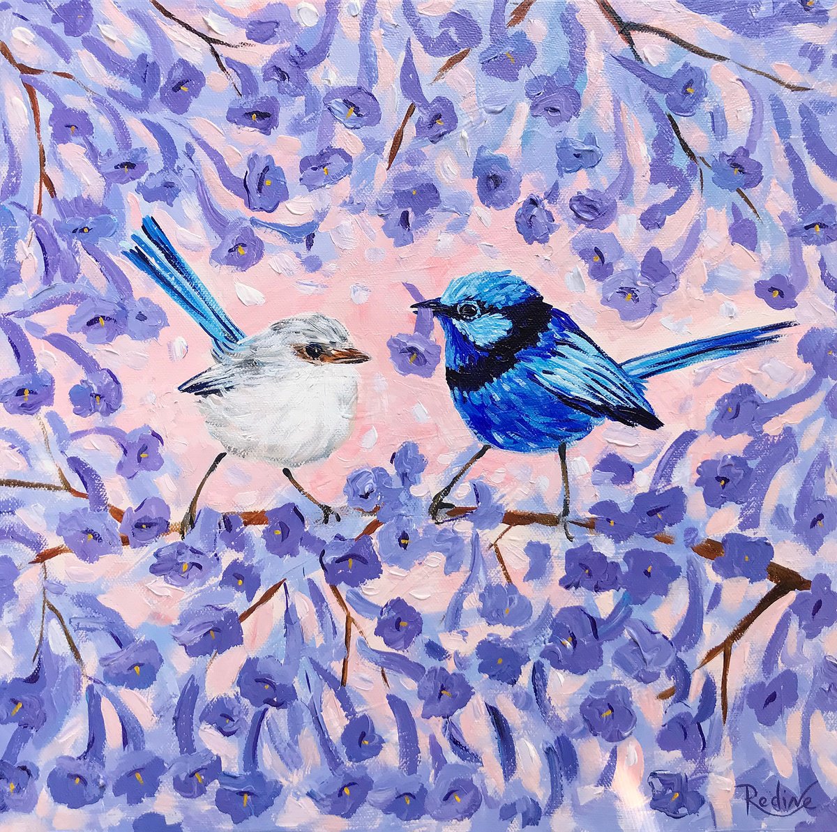 Impressionistic Animal Acrylic Painting By Irina Redine, 14 X 14, Blue Wrens In Jacaranda, Original Artwork