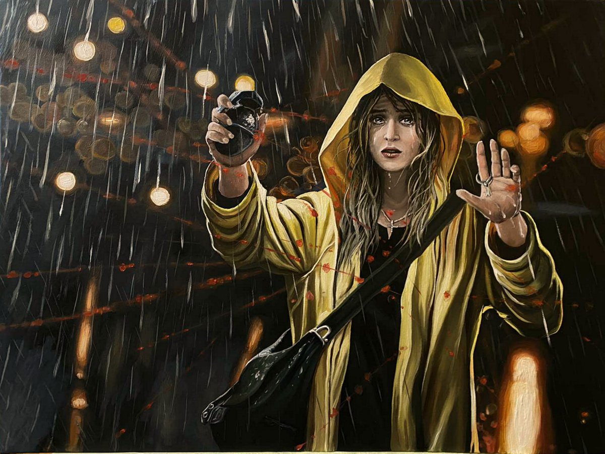 Girl in yellow raincoat holding grenade - commission work, Oil painting ...