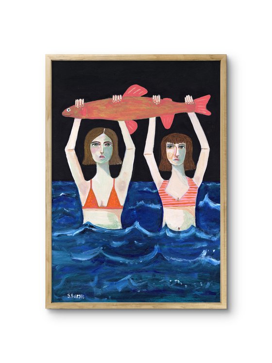 Swimming Girls with Big Pink Fish