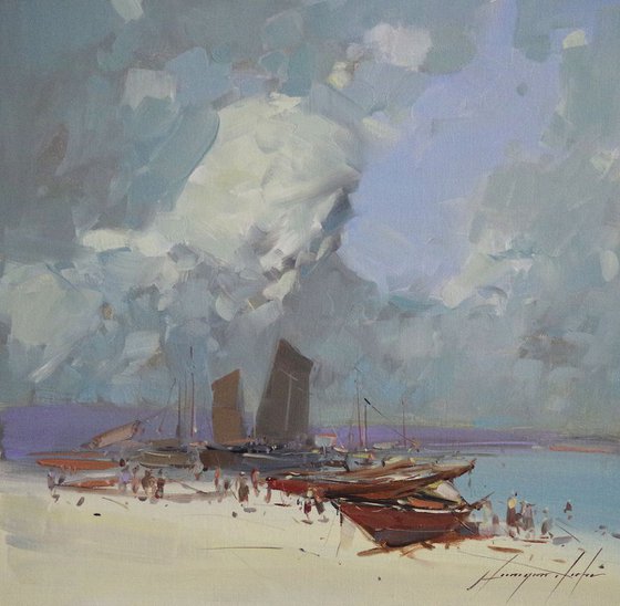 Boats on the Shore, Seascape Original oil Painting, Handmade artwork, One of a kind Signed with Certificate of Authenticity