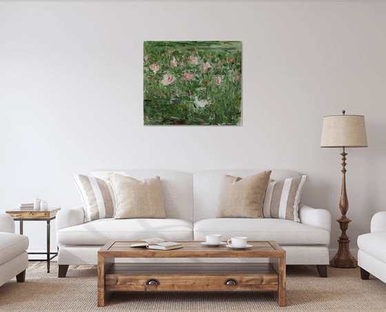 LOTUS POND - Floral art, original oil painting, water lily landscape, green rose calm coloured, lotus flower, waterlilies, impressionism, expressive