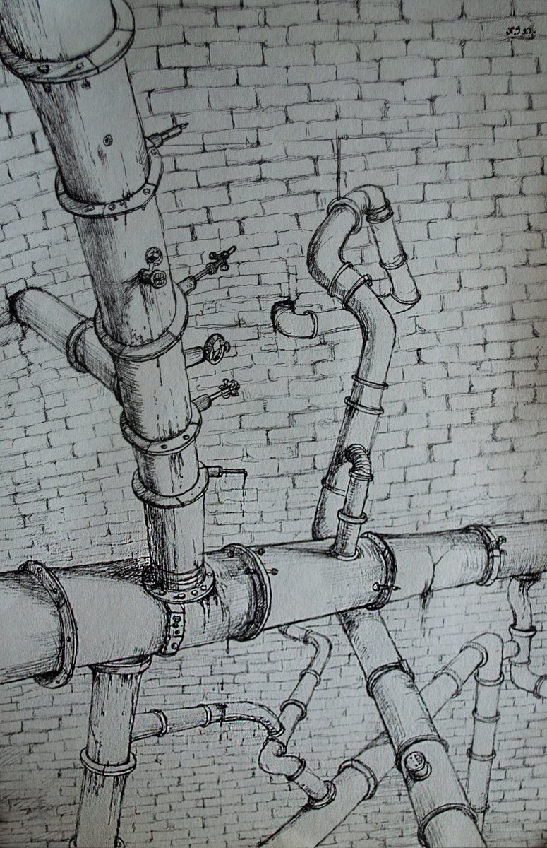 Graphic Ink Drawing , Pipes By Nikola Ivanovic, 8 X 12, Artwork For Sale On Artfinder