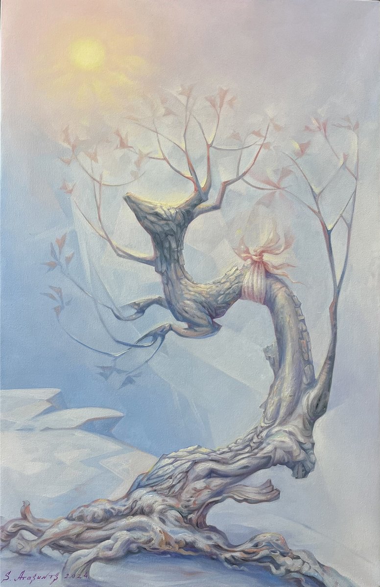 Surrealistic Landscape Oil Painting By Samvel Atasunc, 20 X 31", Whispers Of The Dawn, Original Artwork