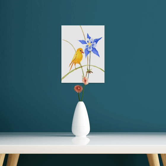 small canary and big blue flower