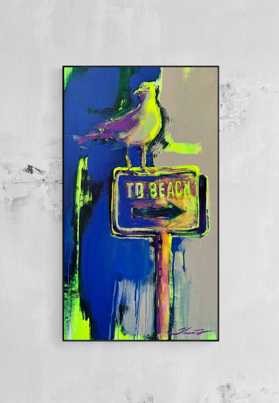 "To beach" - Vertical painting - Pop Art - Bird - Seagull - Miami - Purple&Yellow - Grey&Blue