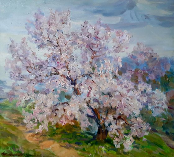 Oil painting A tree grows behind the village nKoval146