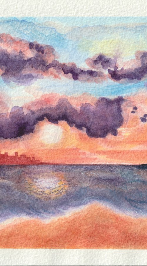 Original Watercolour approx. 6.25" x 8.25"  Seascape Painting 'Distant City' by Stacey-Ann Cole (Unframed) by Stacey-Ann Cole