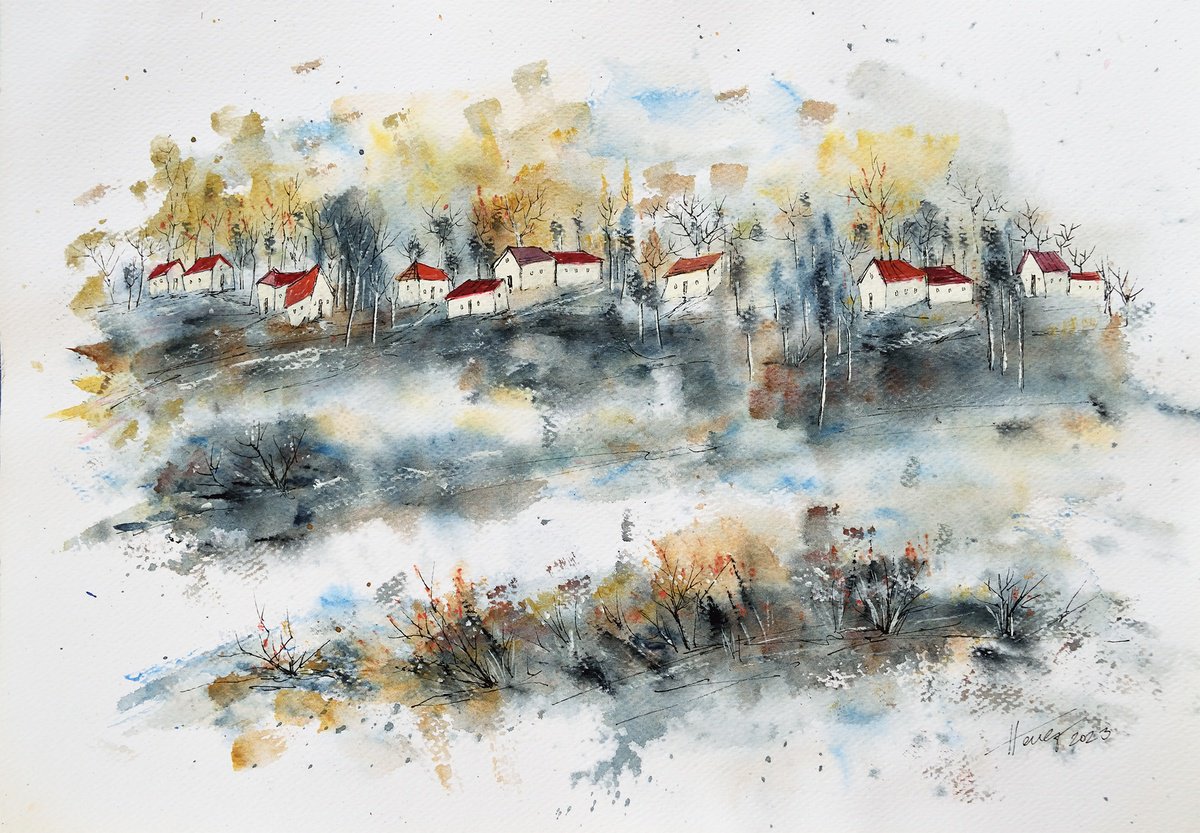 Organic Landscape Watercolour By Aniko Hencz, 17 X 12, Rainstorm In The Village, Original Artwork