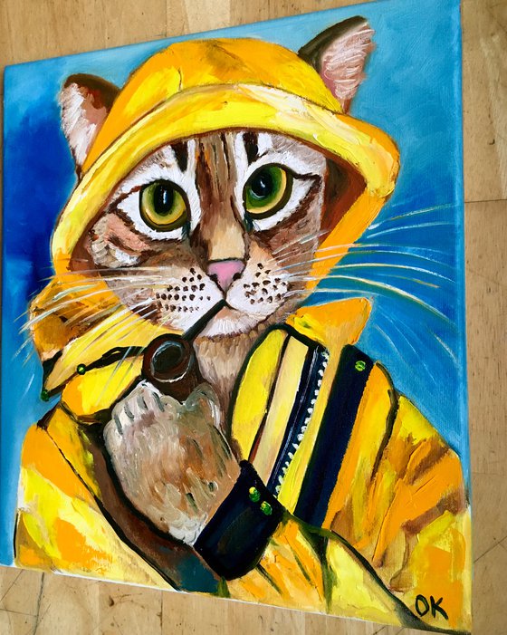 Troy The  Cat, fisherman  oil painting for cat lovers