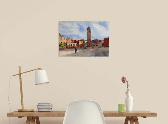 Venice. Sunny square. Medium format watercolor urban landscape Mediterranean italy sea bright architecture old travel