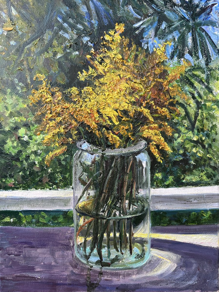 Yellow Flowers In A Glass Jar By Zurab Sharvadze, 12 X 16, Artwork For Sale On Artfinder