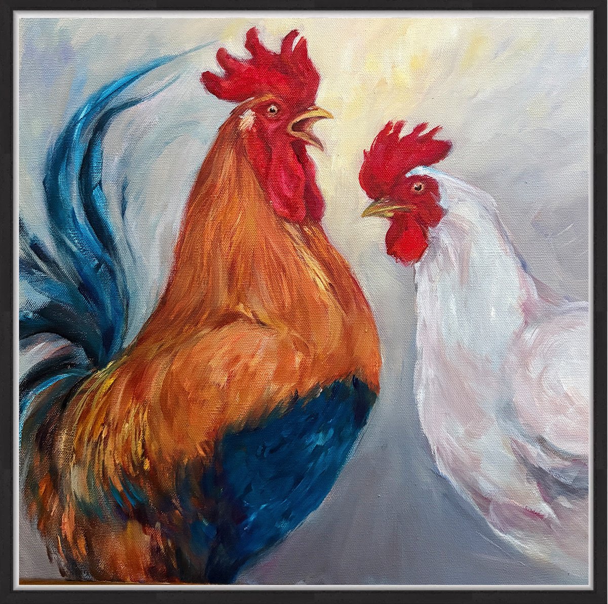 Photorealistic Animal Oil Painting By Arti Chauhan, 17 X 17, Rooster Banter, Original Artwork