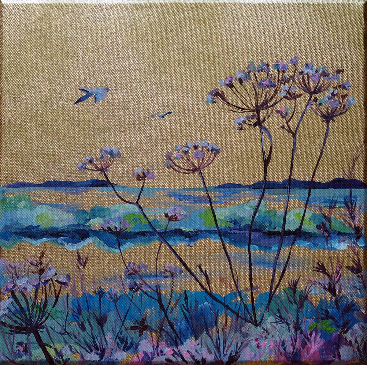 Impressionistic Landscape Acrylic Painting By Delnara El, 12 X 12, Golden Landscape, Original Artwork