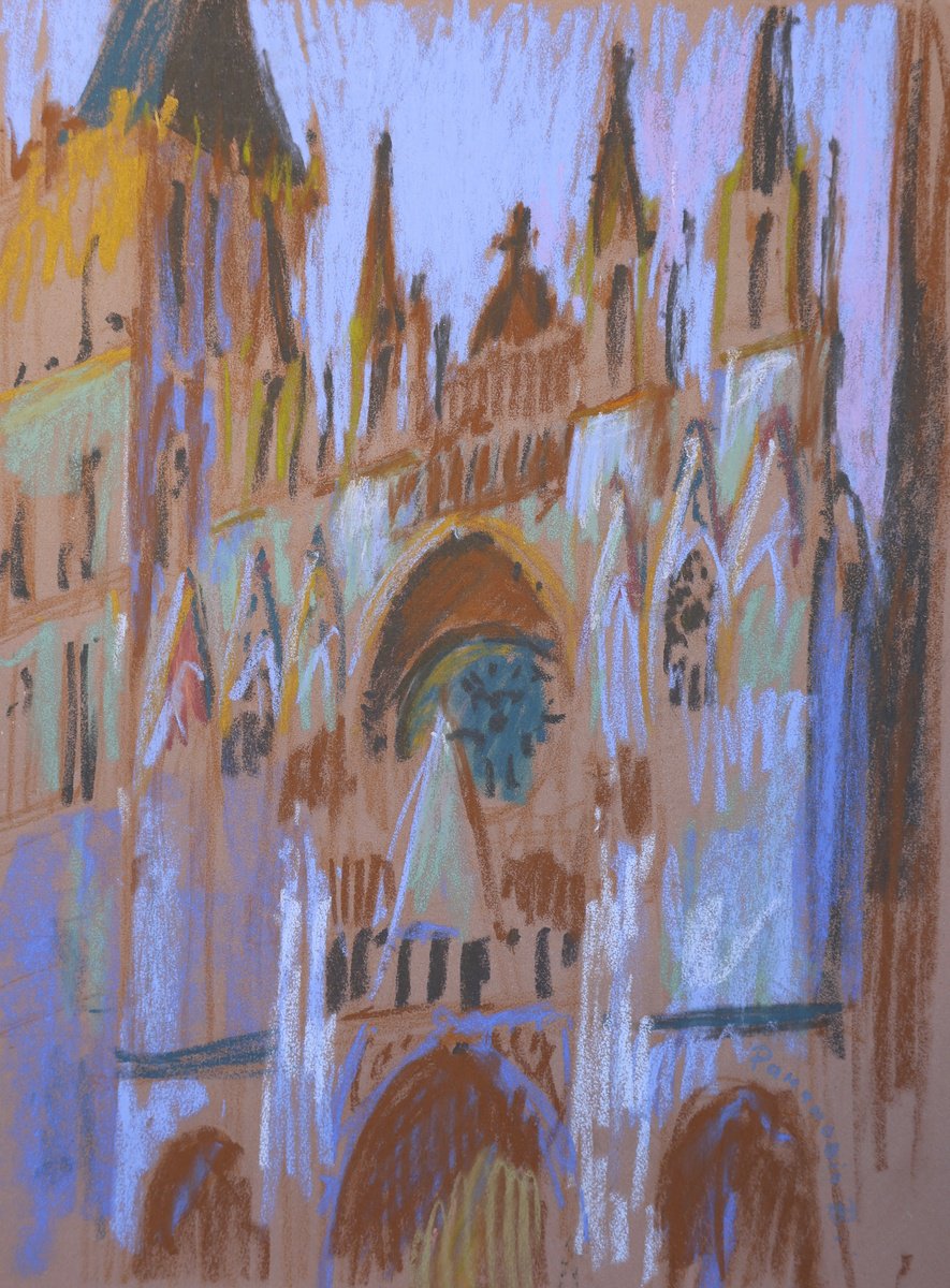 Impressionistic Pastel Drawing , Rouen Cathedral At Twilight By Victoria Ramanovich, 11 X 15, Artwork For Sale On Artfinder