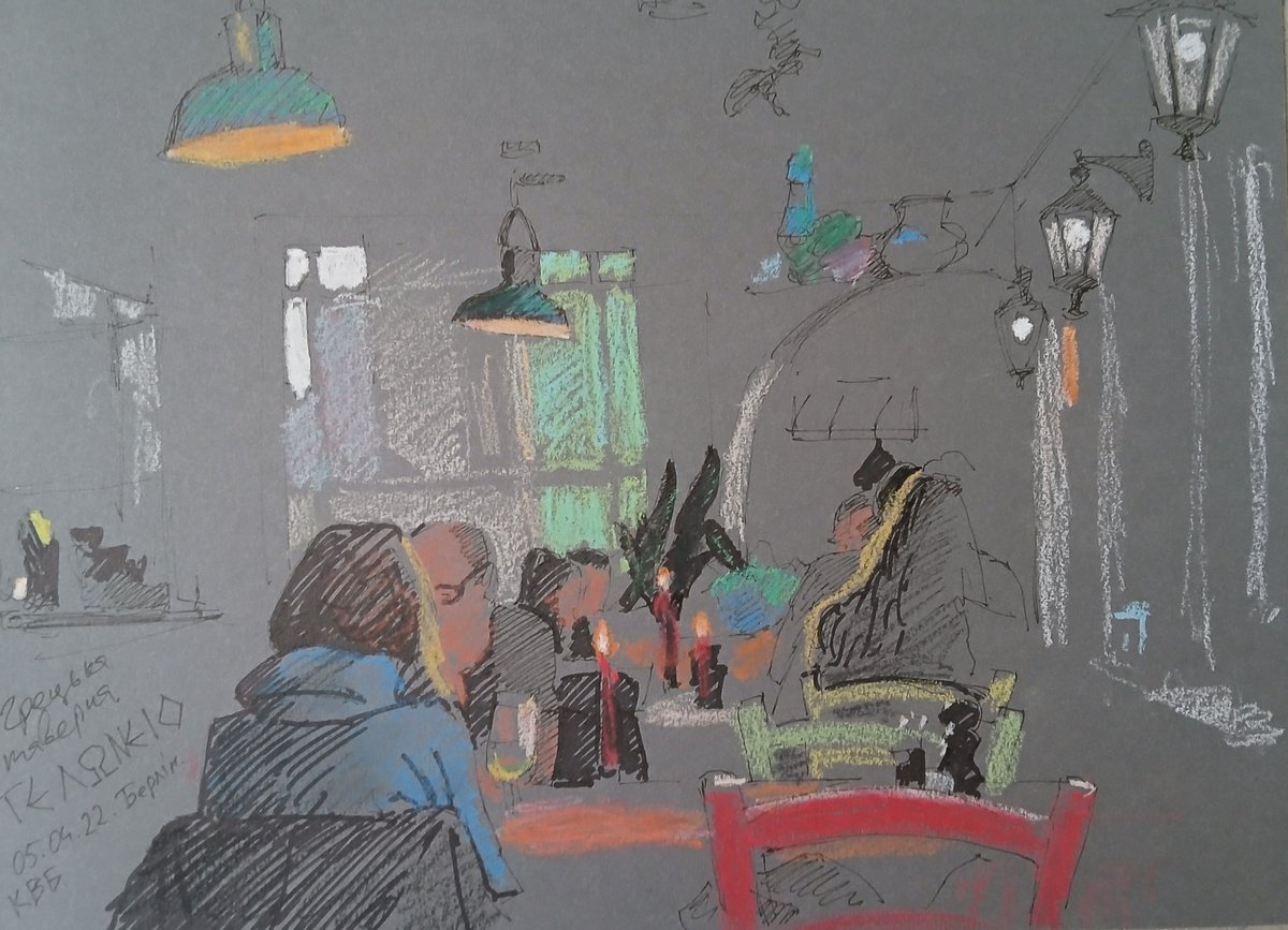 Graphic Portrait Pastel Drawing By Vasyl Koval, 12 X 8", In A Greek Tavern, Original Artwork